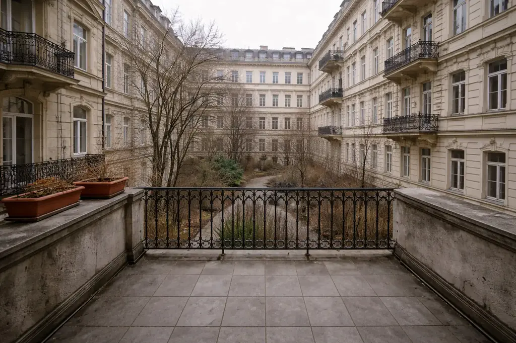 Balkon im Altbau an einem grauen Wintertag, Originalfoto