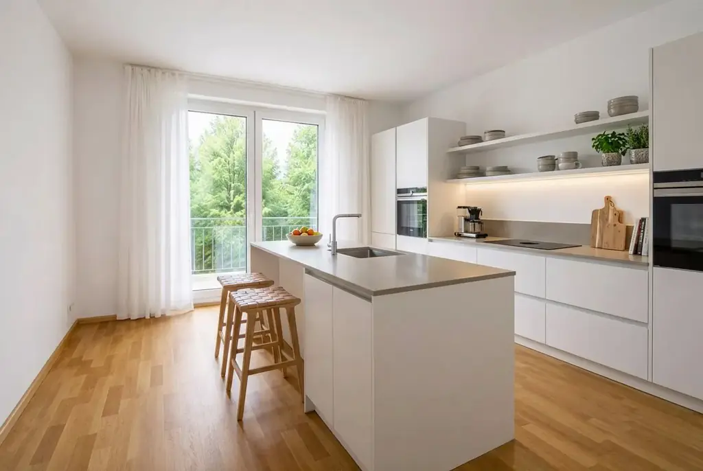Leerer Raum, mit Küche und Kochinsel gezeigt